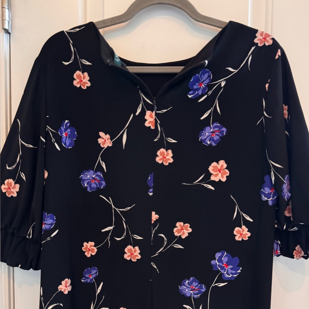 Lauren Ralph Lauren Dark Floral Shift Dress 14P 3/4 Ruffle Sleeve Modest Party - Picture 8 of 12